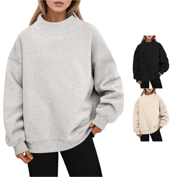 CAIVO Women Oversized Sweatshirt Mock Neck Pullover Long Sleeve Tops Fall Clothing Solid Color Classic Streetwear