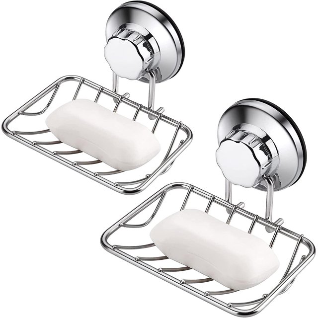 Chrome Jabonera de ducha con ventosa de vacío súper potente, soporte de esponja resistente al óxido de acero inoxidable para fregadero de baño y cocina, paquete de 2