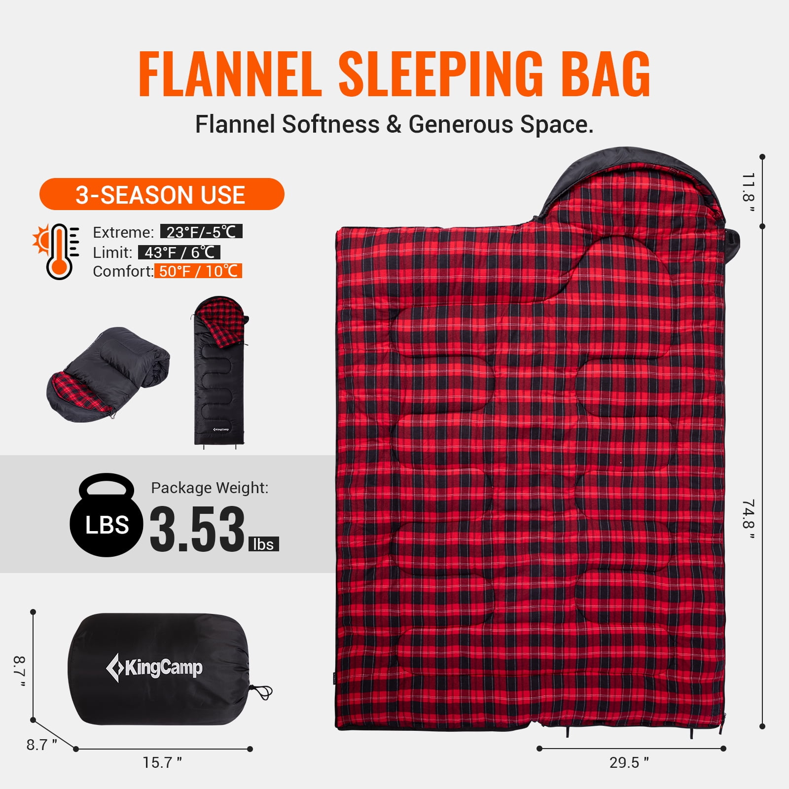 KingCamp Cotton Flannel Sleeping Bag for Adults, Lightweight Compact Sleeping Bag, Warm & Cool Weather All Season for Camping, Hiking, Travel, Backpacking - 3.53lbs