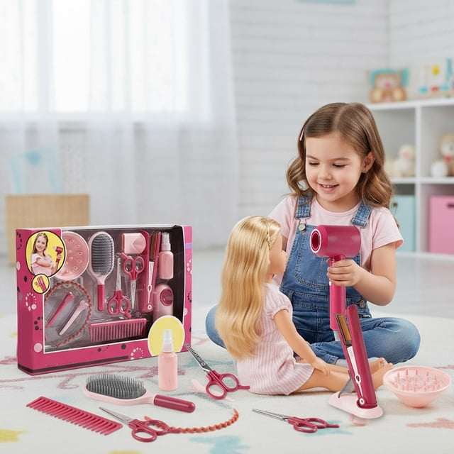 Set de peluquería infantil con secador, cortadora y herramientas de peinado | Juego de rol realista para niñas y niños | Incluye caja de almacenamiento