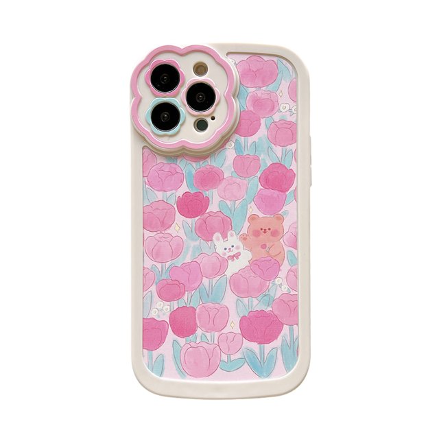 Funda para teléfono con diseño de oso de flores rosas, cubierta de carcasa para teléfono móvil de TPU con orificio para cordón de reserva