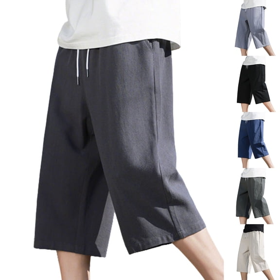 UVEASISHA Big and Tall Capri Pants for Men Linen Casual Baggy Capris Drawstring Elastic Waist Straight Wide Leg Cropped Trousers with PocketsArmy Green 3XL