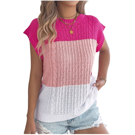 YUGYXL Women's Color Block Cable Knit Tops Summer Cap Sleeve Crew Neck Pullover Sweaters Casual Loose Vacation Knitwear Pink S
