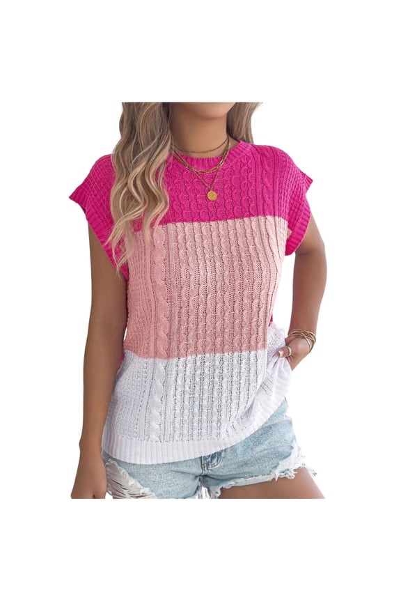 Women's Color Block Cable Knit Tops Summer Cap Sleeve Crew Neck Pullover Sweaters Casual Loose Vacation Knitwear Pink S