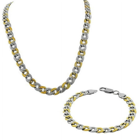 Stainless Steel Two-Tone Mens Classic Cuban Link Chain Necklace Bracelet Set