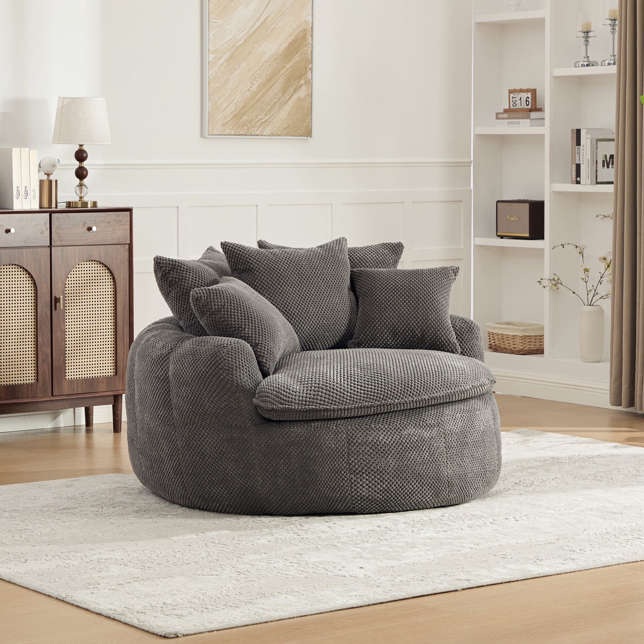 GDF Studio 53.15-Inch Oversized Pumpkin-Shaped Lounge Chair with Pineapple Lattice Fabric, Gray