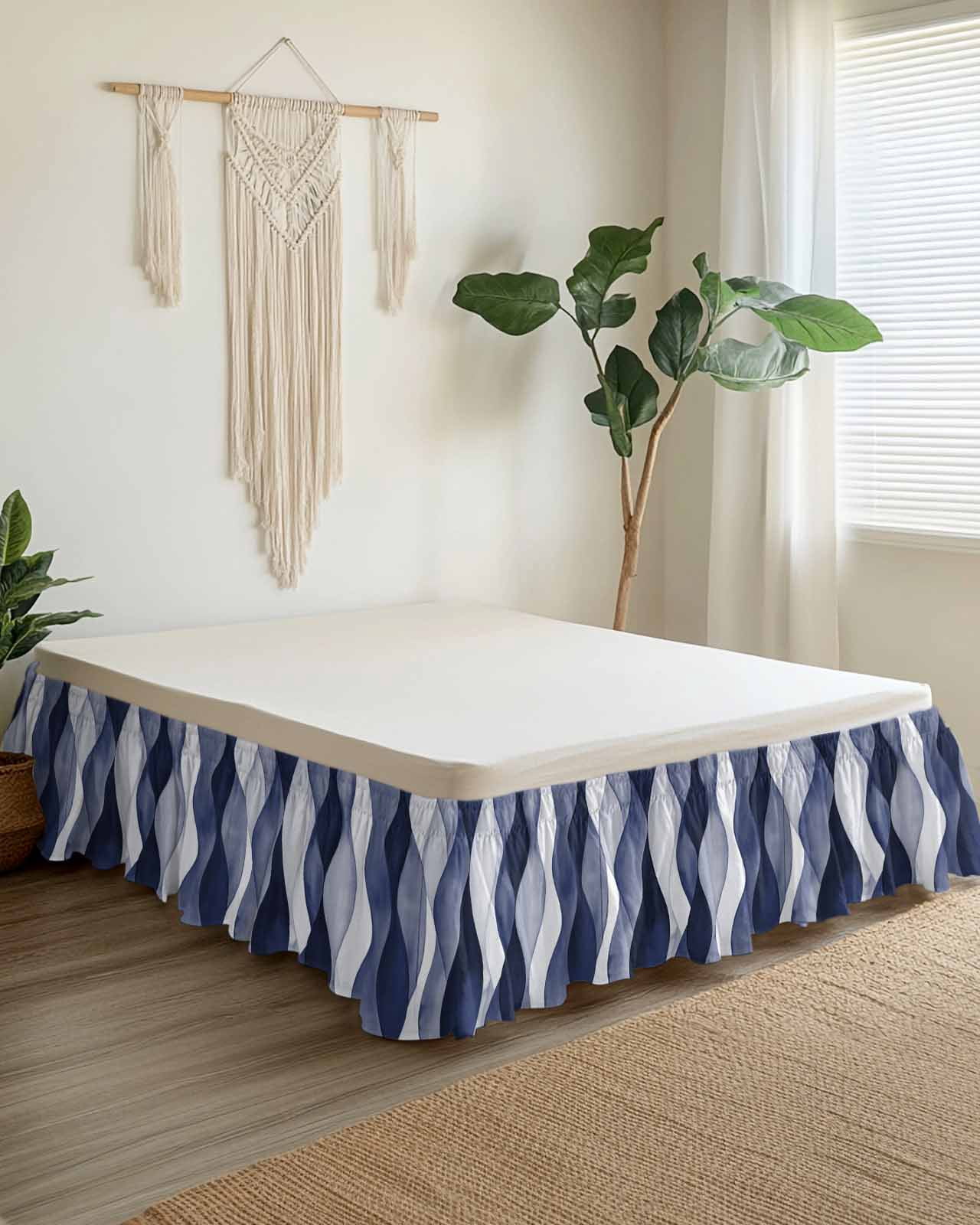 Navy Blue Wrap Around Bed Skirts for Queen Bed 18" Drop, Bed Skirt with Adjustable Elastic Belt Dust Ruffle Bed Valance for Bedroom Hotel Luxury Modern Moire Abstract Ripple Geometric Bed Frame Cover