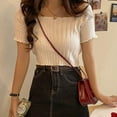 thumbnail image 4 of EIMELI Summer T-Shirt Women Solid Color Slash Neck Short Sleeve Knitted T-Shirts, 4 of 6