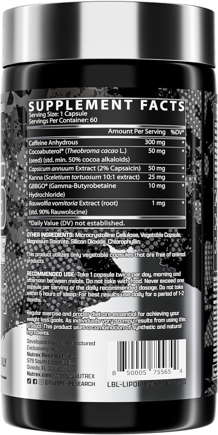 Nutrex Research Lipo-6 Hardcore Weight Loss Supplement, Appetite Suppressant, Diet Pills, Fat Burner Capsules – 60 Count