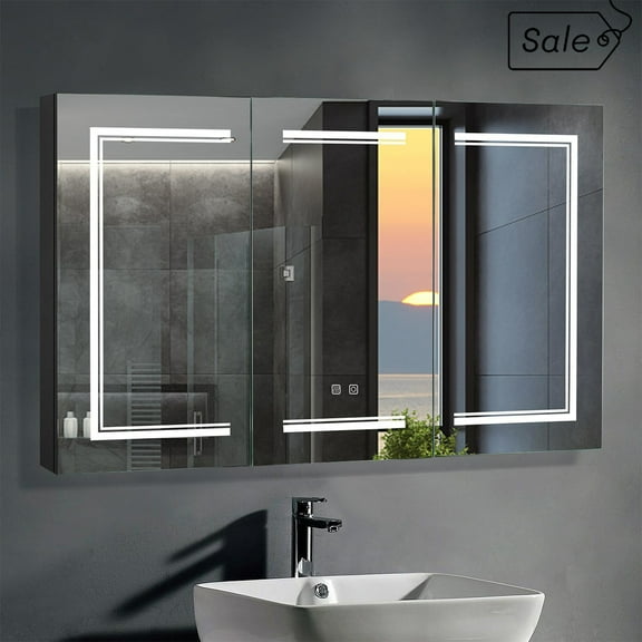 IVV 48" Wall-Mounted Bathroom Cabinet with LED Lights, 3 Mirrored Doors, Adjustable Storage Shelves, Brightness Control, Anti-Fog, Power-Off Memory, Built-In Charging Station, Black