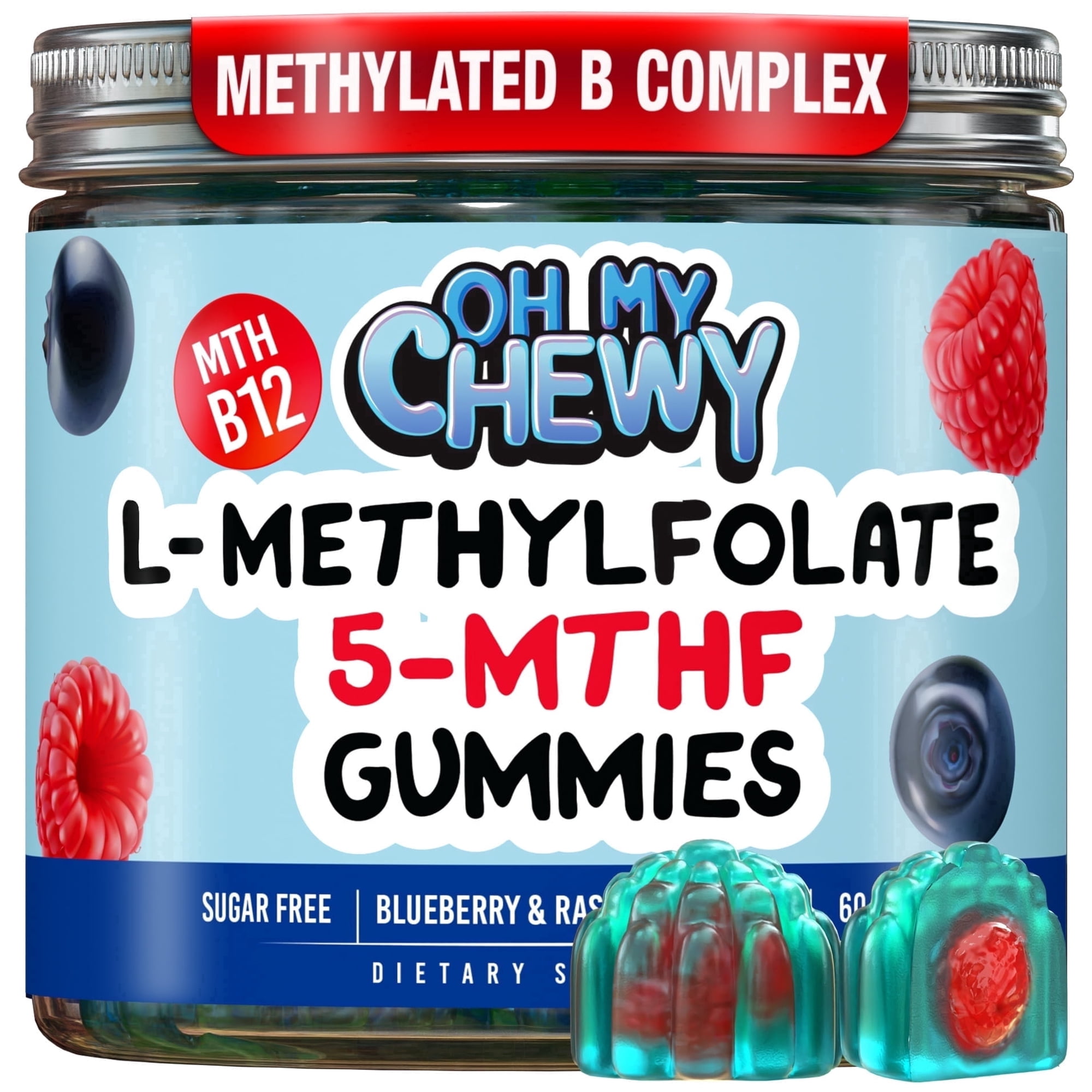 Center-Filled 5-MTHF Folate L-Methylfolate Gummies - Sugar-Free MTHFR Vitamins B Complex Support with Methylated B1, B6 and B12 Cofactor - Mood, Behavior, Cognition - 60 Count