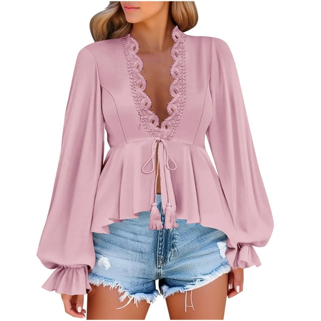 Women's Long Sleeve V Neck Blouse, Lace Splicing & Drawstring Ruffle Hem Casual Chic Tops