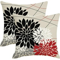 Red Black and Grey Dahlia Floral Pillow Covers 18x18 Set of 2 Outdoor Modern Geometry White Gray Flower Throw Pillows Cover Summer Farmhouse Linen Decorative Cushion Case for Couch Bed Decor