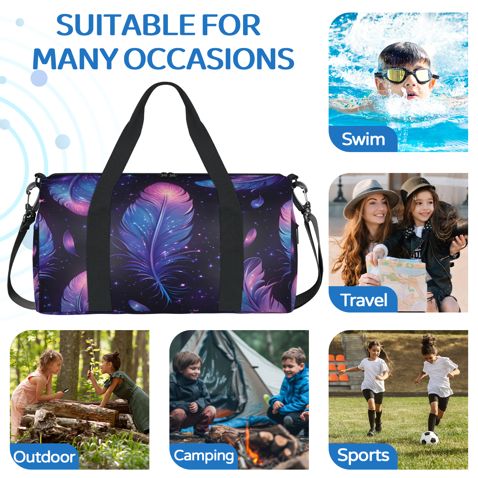 Herdesigns Watercolor Feather Gym Bag for Women, Duffle Bag for Travel Sport, Lightweight Waterproof Carry on Weekender Dance Yoga Workout Bags