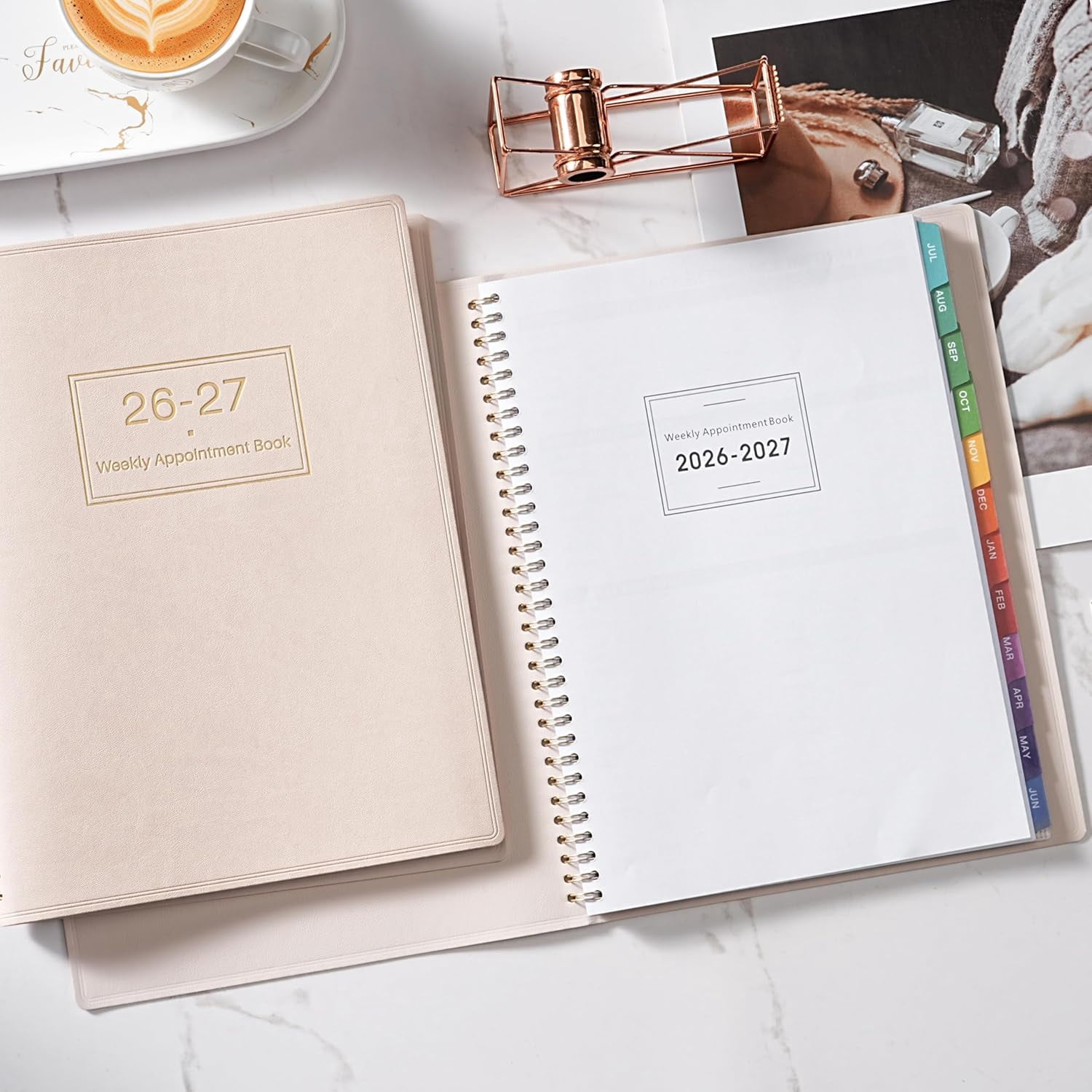Appointment Book Daily Hourly Planner, July 2026-June 2027, 8.5 x 11 In, Weekly Schedule With 15-Minute Intervals, Flexible Soft Cover, Colorful Tabs, Off-White