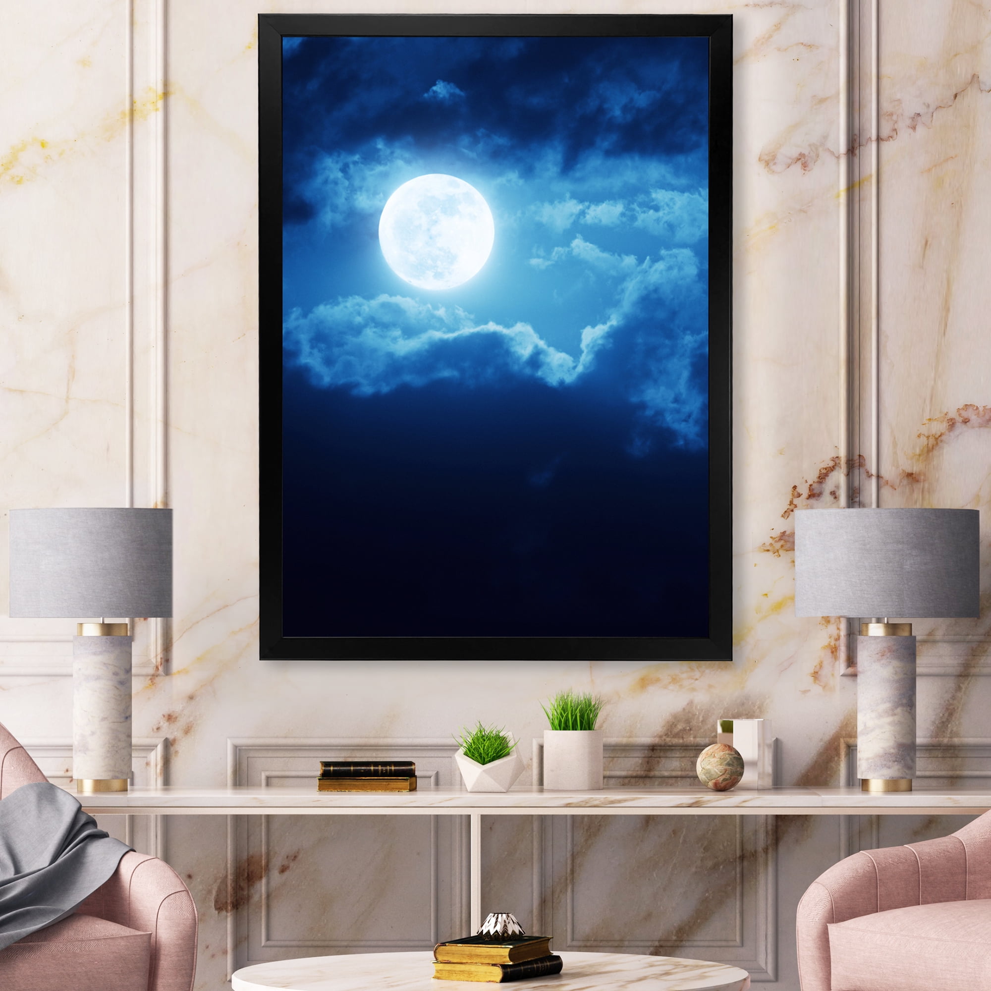 Designart 'Full Moon Night in Cloudy Sky III' Nautical & Coastal Framed Art Print