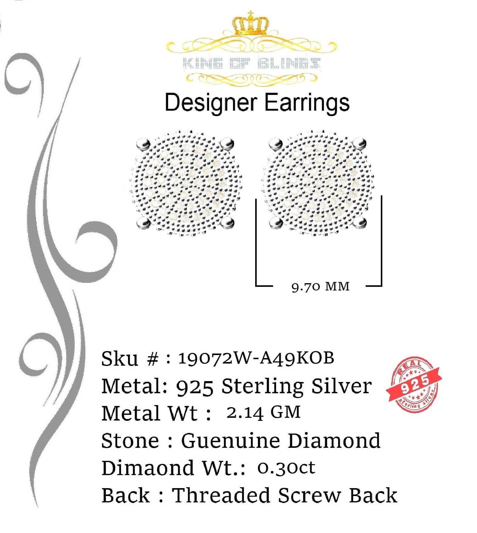King of Bling's 925 Sterling Silver 0.30ct Diamond For Women's/ Men's White Stud Round Earrings
