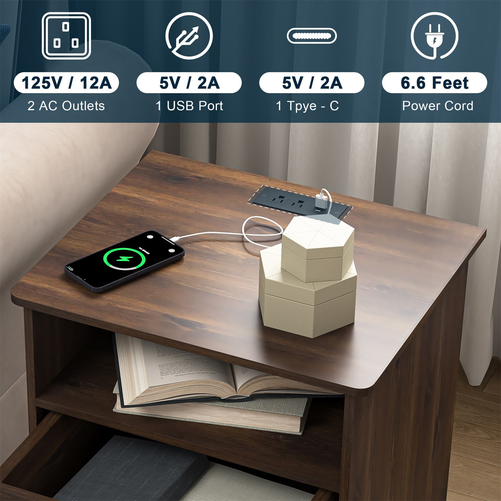 Hommoo 2 Drawer Nightstand with Open Storage, Bedside Table with USB, Brown