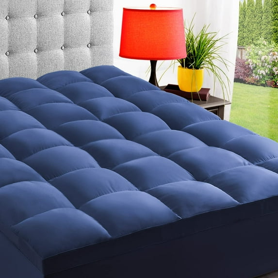 ELEMUSE King Navy Blue Cooling Mattress Topper for back pain, Extra Thick Mattress pad Cover, Plush Soft Pillowtop with Elastic Deep Pocket, Overfilled down alternative filling