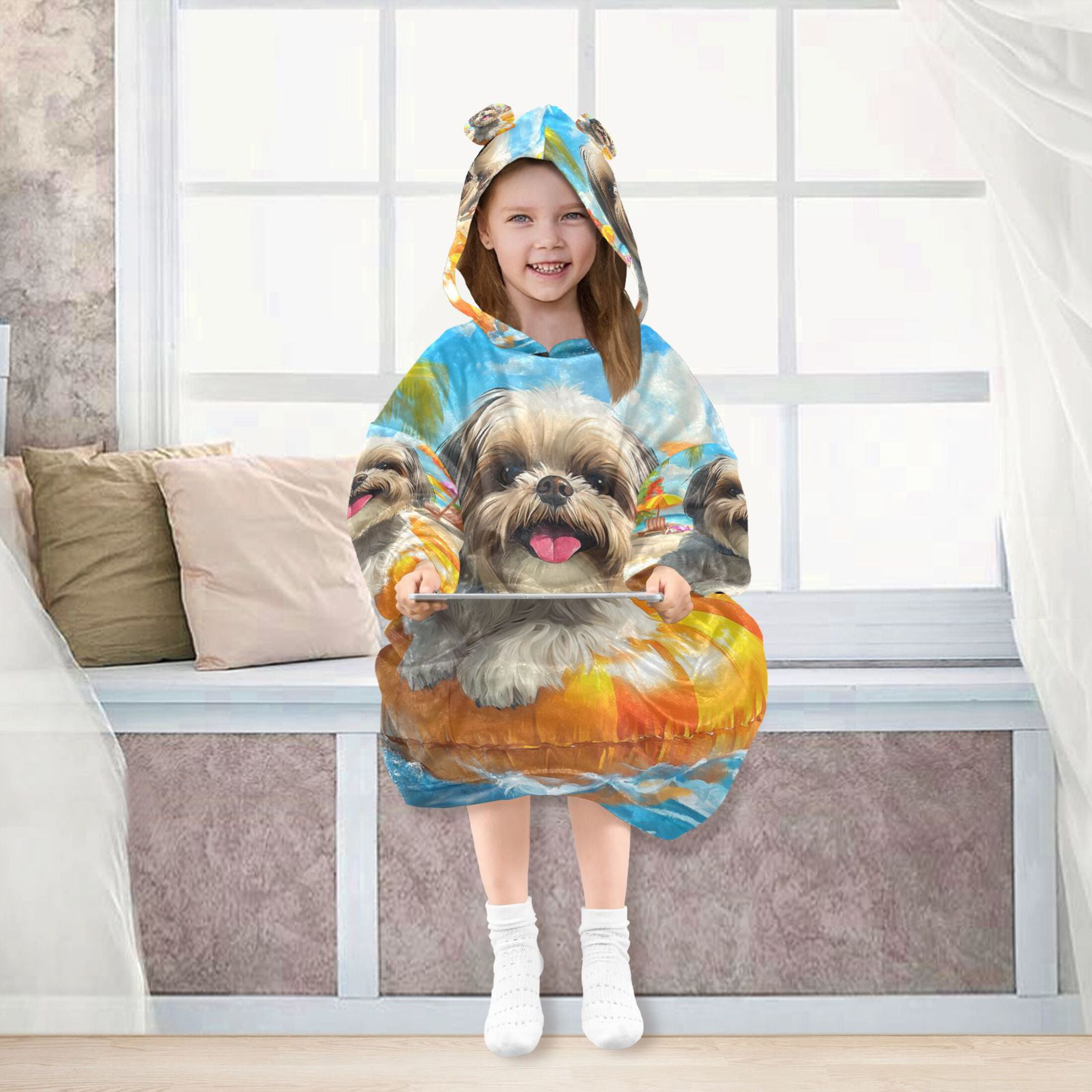 YAZAOO Kids Wearable Blanket Hoodie Warm and Cozy Sunny Beach Pup Flannel Sweatshirt