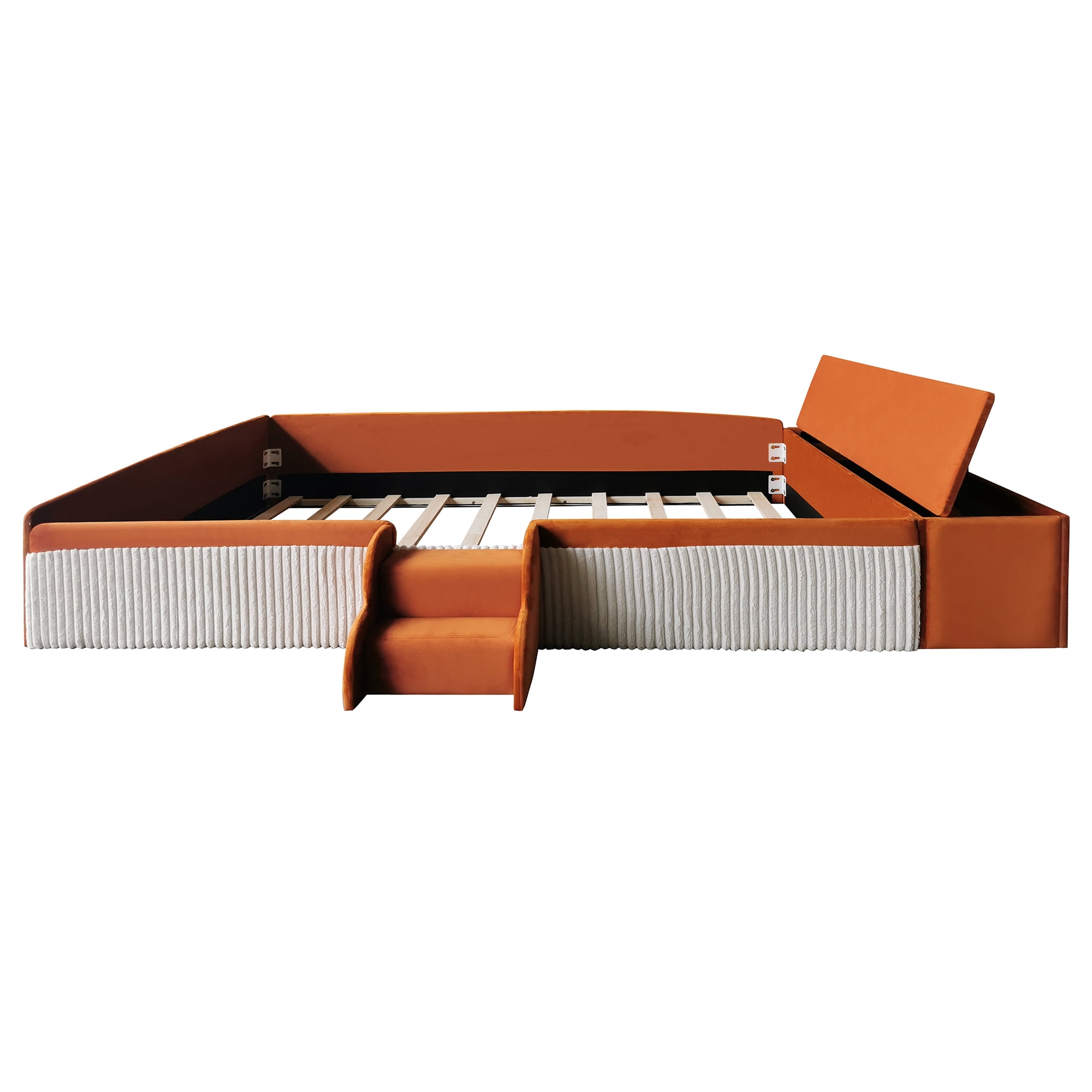 Leumius Full Size Floor Bed Frame with Stairs & Gas Lift Storage Ottoman, Velvet Upholstered Daybed with Padded Guardrails, Brown+White