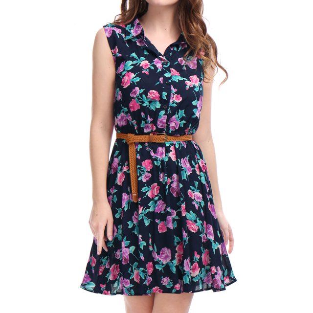 Vestido Allegra K sin Mangas con Cinturón estampado por Encima de la Rodilla Azul marino M