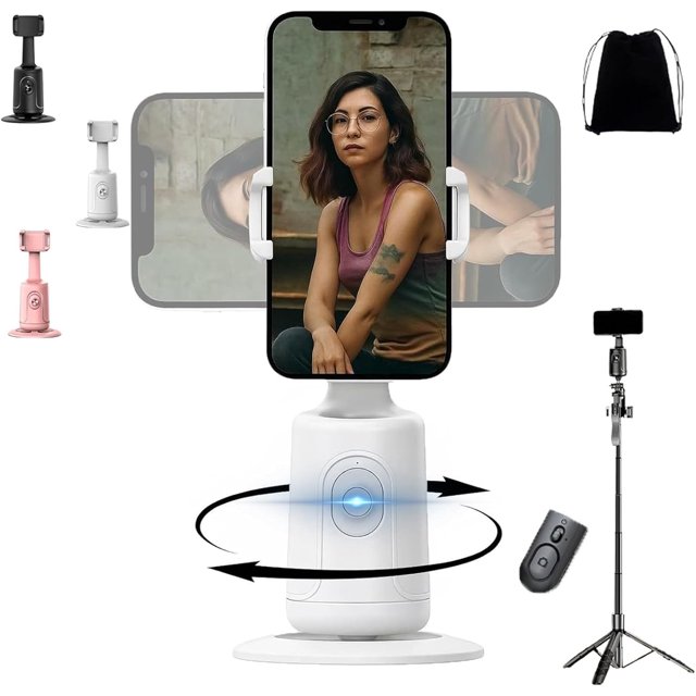 Shoplyhube Smart AI Facial Recognition Phone Tripod, Auto Face Tracking for iPhone Android, 360° Rotation Phone Stand, Rechargeable Smart Shooting Stand (White, with Remote and Tripod)