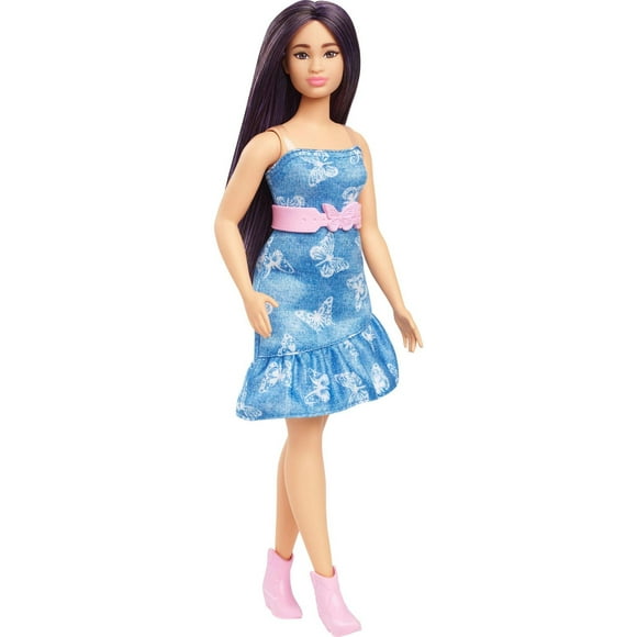 Barbie Fashionistas Doll #231 in Denim Butterfly Dress with Pink Belt, Purple Hair, Ages 3+