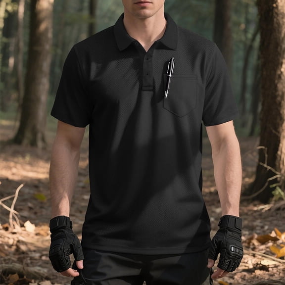 Ceisia Men's Regular Straight Short-Sleeve Functional Polo Shirt Breathable Mesh Chest Pocket Spring Summer Shirt Gift