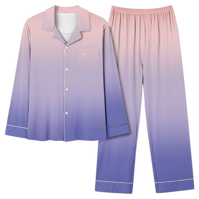 Bowake Womens Pajamas Gradient Long Sleeve Button down Shirts and Pants Sets 2 Piece Outfits Sleepwear Plus Size Pjs