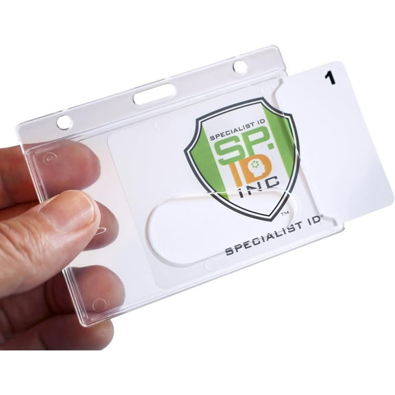 10 Pack - Crystal Clear Heavy Duty Badge Holder Horizontal - Hard Plastic ID Badge Holder - Rigid Durable Single Card ID Case for 1 Single Landscape I'D Fits Your Lanyard by Specialist ID