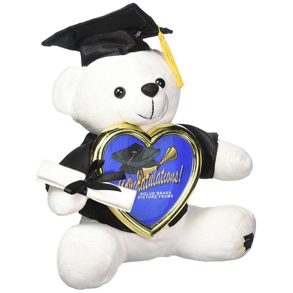 White Graduation Bear with Black Cap and Gown Holding a Picture Frame