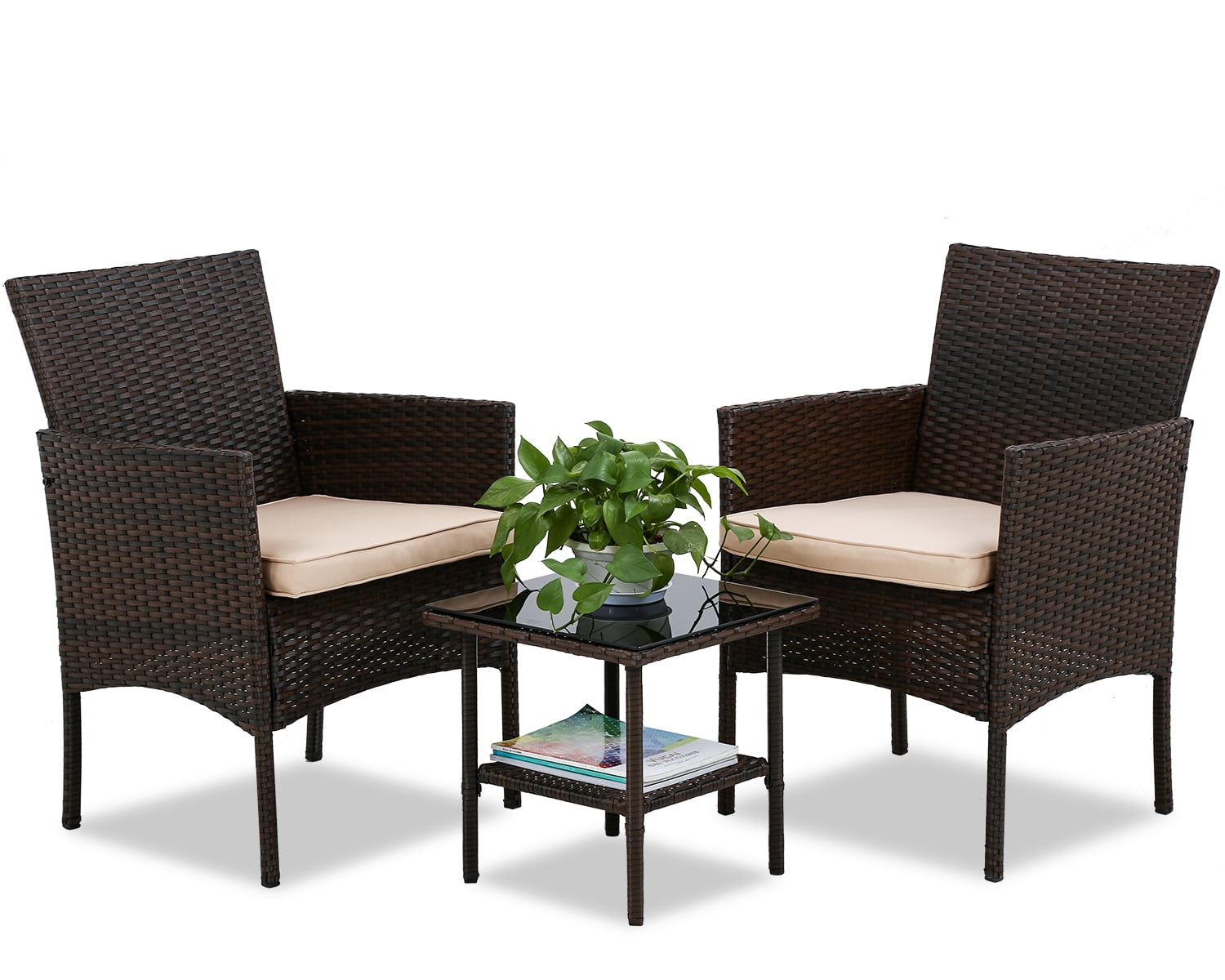 3 pcs Rattan Wicker Bistro Sofa Set Coffee Table Chair Patio Furniture Set 