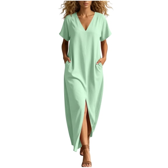 Hduncf Linen Dress Women Summer Casual Loose Kaftan Dresses Solid Color Beach Vacation Cover Up Cotton Maxi Dress Loungewear Green L