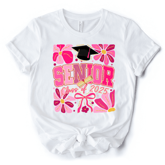 Boho Senior 2025 T-Shirt, Pink Floral Graduation White Tee for Proud and Stylish Students