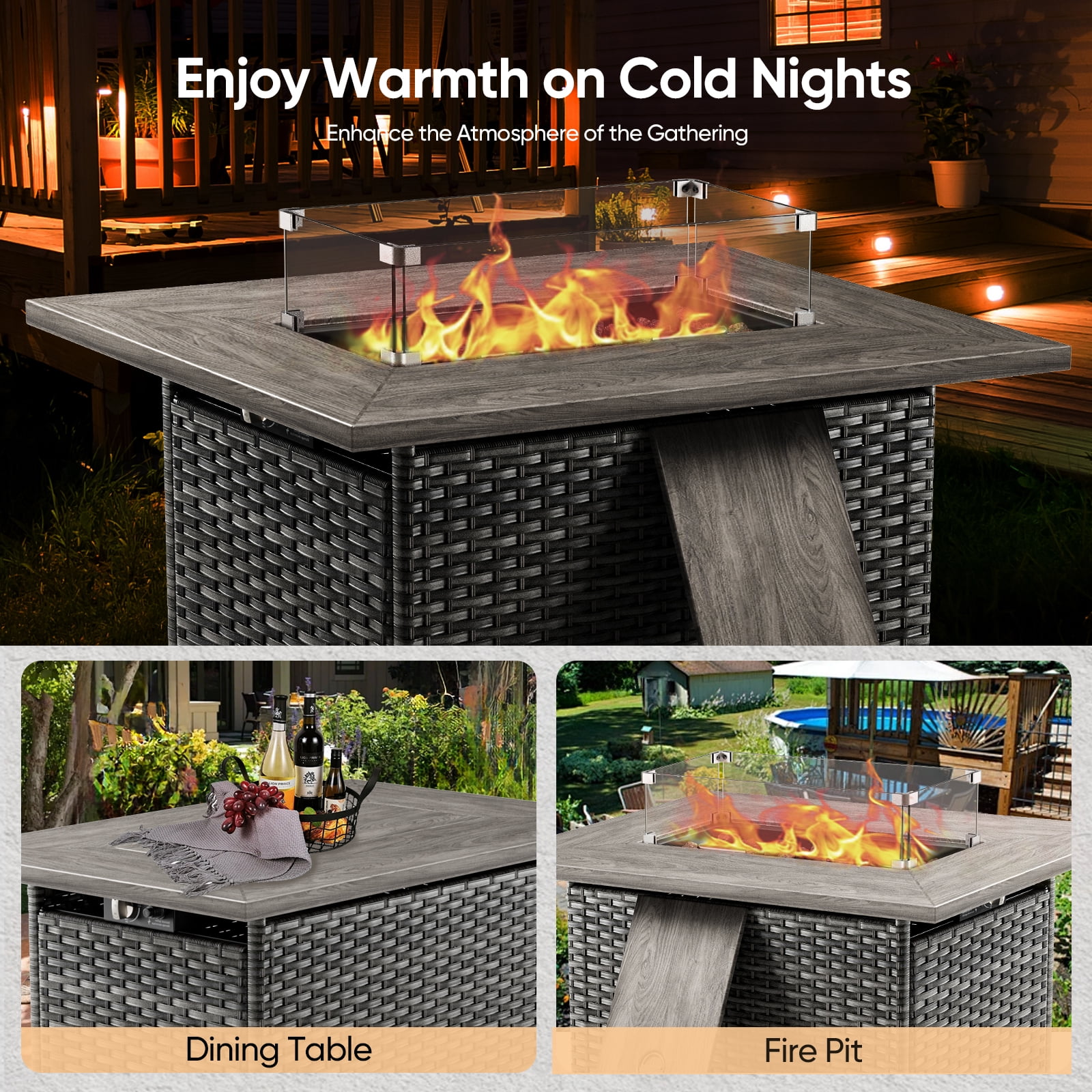 Gymojoy Gray 41 in. 50000 BTU Rectangular Wicker and Metal Propane Outdoor Dining Fire Pit Table with Glass Wind Guard Lid,Lava Rocks