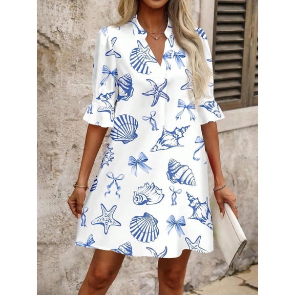 White Blue Nautical Print A-Line Shirt Dress With Flared Sleeves For Summer