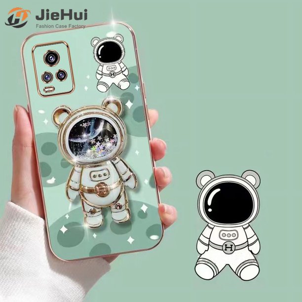 JieHui Para VIVO V20 20 SE V21 4G V21 5G V19 V15 TPU 3D Space Bear Built in Stand Ultra Delgado Galvaned Soft Case Funda A Prueba De Golpes Cubierta Parachoques Para Teléfono