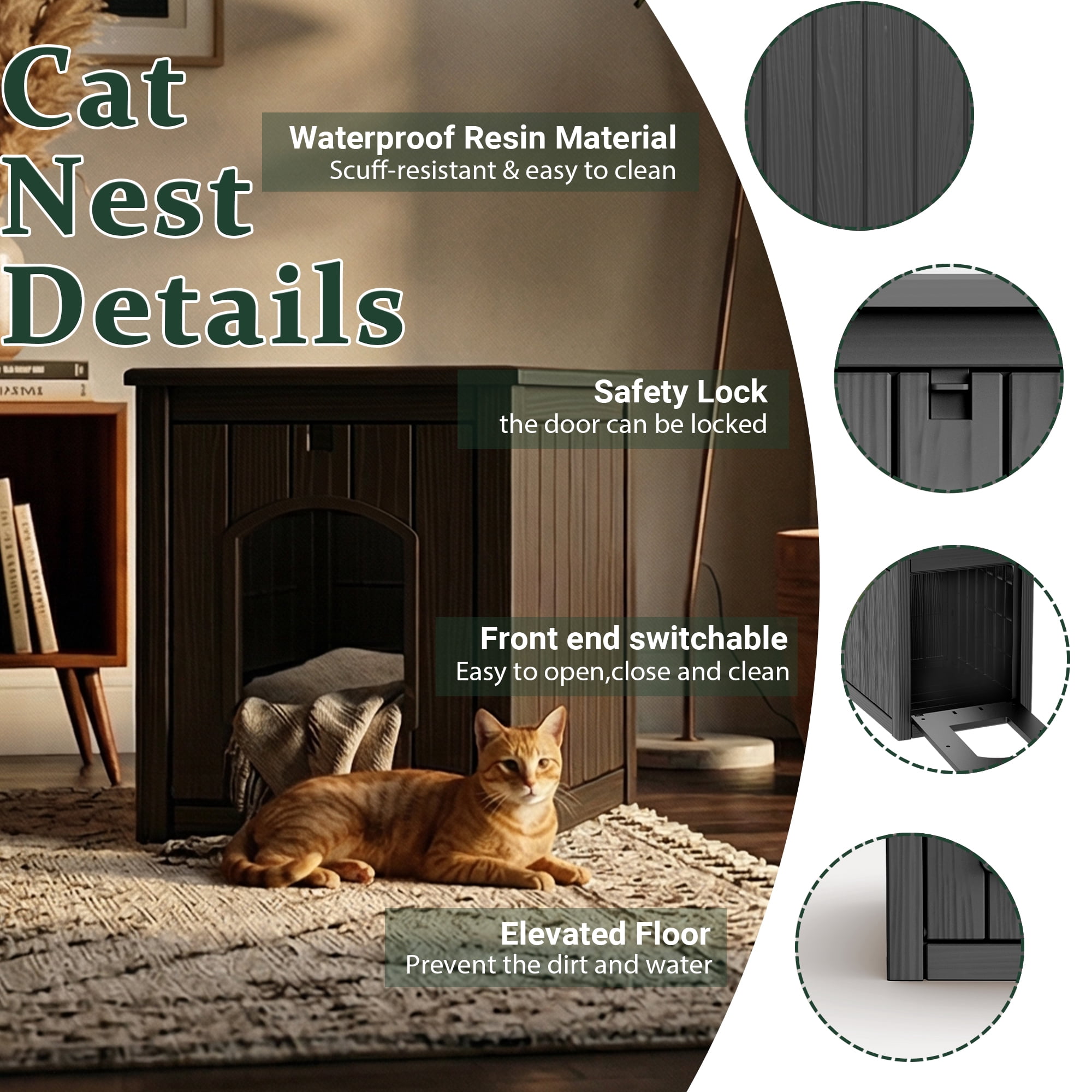 fazzn Multifunctional Cat House with Door, Indoor Outdoor Decorative Cat Shelter, Dual Use Pet House for Cat & Small Dog, Easy to Clean & Assembly.Brown/Black