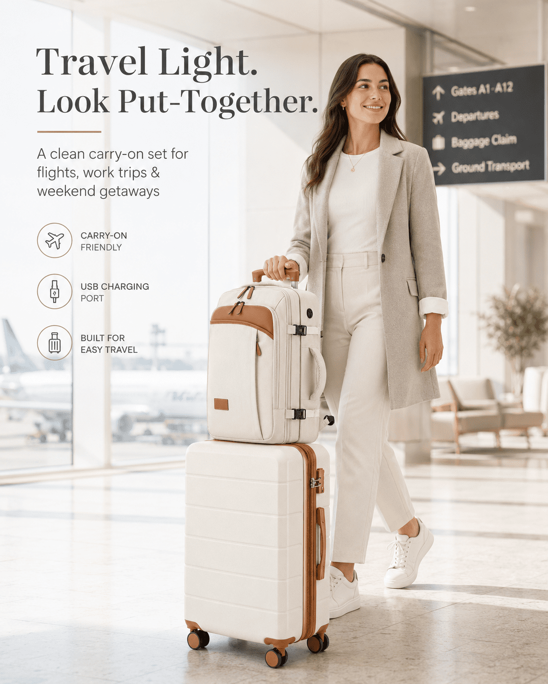 2 Piece Set Carry-on 20inch Hardside Luggage with Travel Backpack,White - EX-Lite