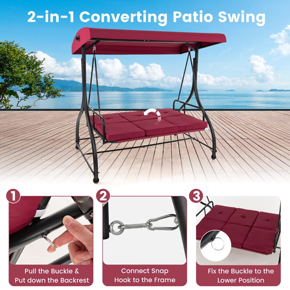 Aimee Lii 3 Seat Outdoor Porch Swing with Adjustable Canopy, Outdoor Swings for Adults, Wine Aimee Lii 3 Seat Outdoor Porch Swing with Adjustable Canopy, Outdoor Swings for Adults, Wine