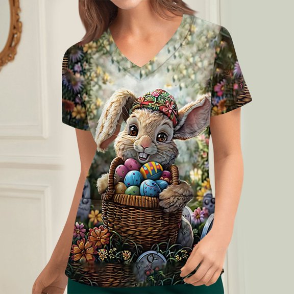Summer Savings Wuchoa Women Summer Basic Tops Happy Easter Short Sleeve V Neck Tshirt Clearance Under $5 Plus Size Egg Cute Rabbit Graphic Blouses 2025 Vacation Black Clothes Outfits Birthday Gifts