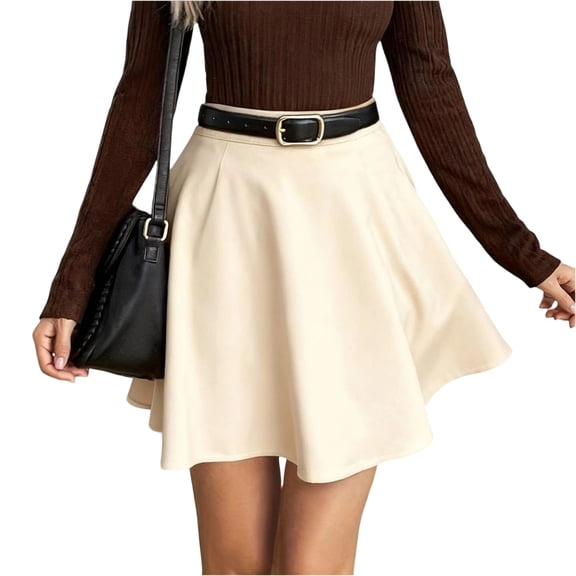 Faux Suede Mini Skirt for Women A Line Skater Belt Tie High Waist Flared Skirts women's skirt