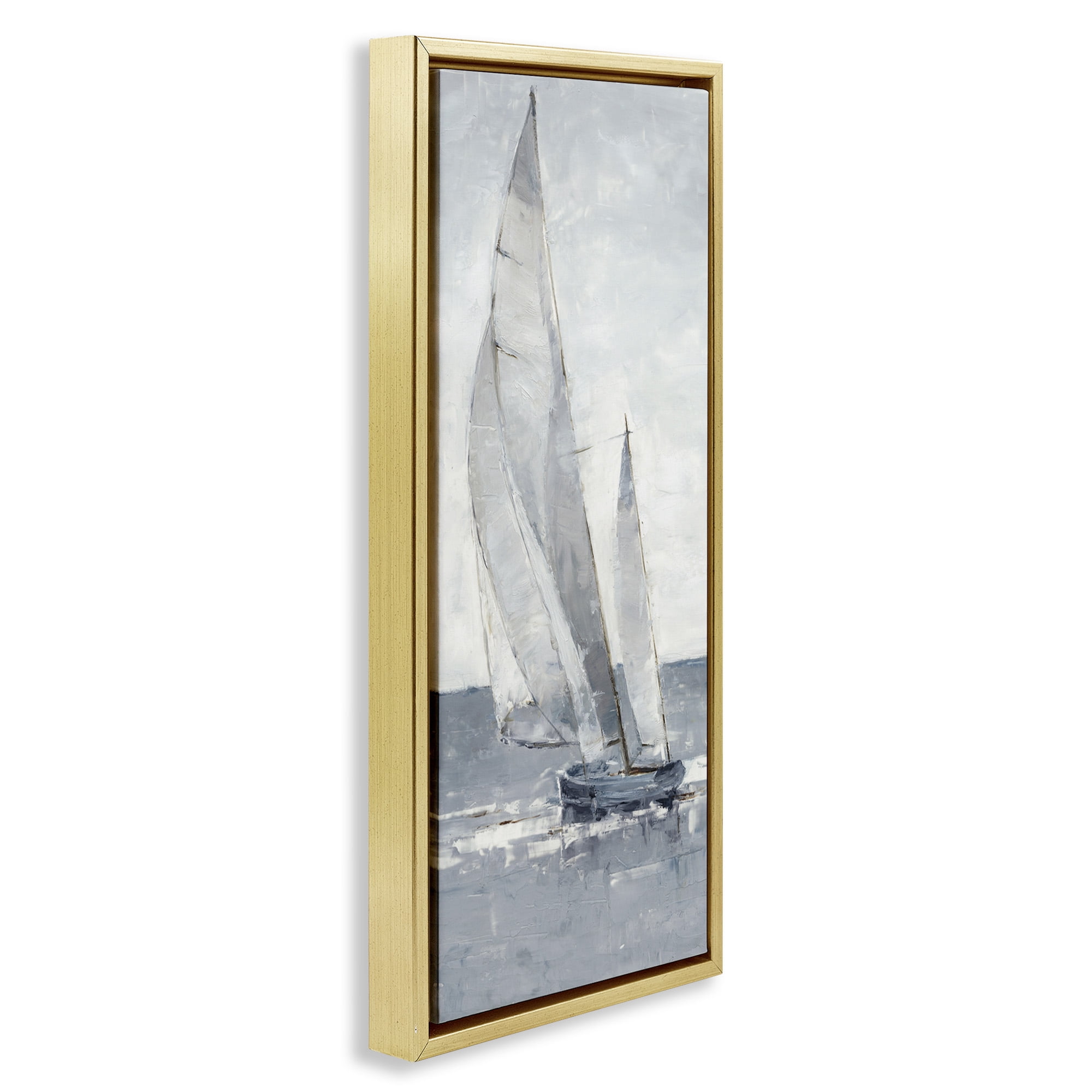 Stupell Industries Grey Sailboat Nautical Abstraction Nature Painting Gold Floater Framed Canvas Art Print Wall Art, 15 x 31