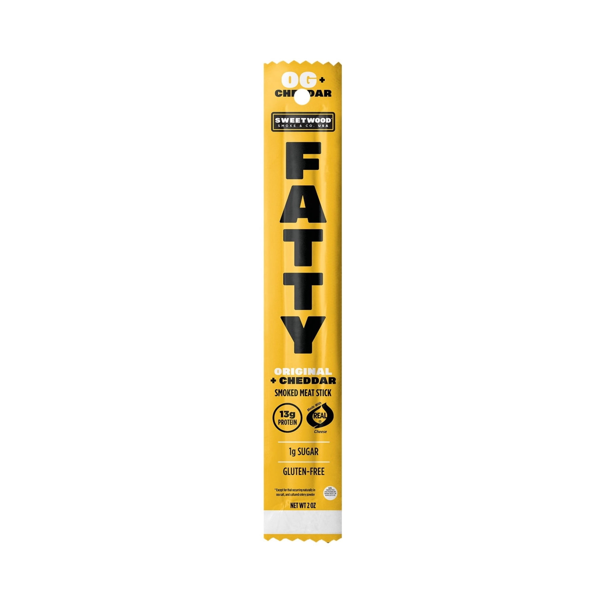 FATTY Meat Sticks, Made with Grass Fed Beef, Pork Raised Without Antibiotics, 13g Protein Per Stick, Original Cheddar, Lunchbox Snacks, 2 oz.