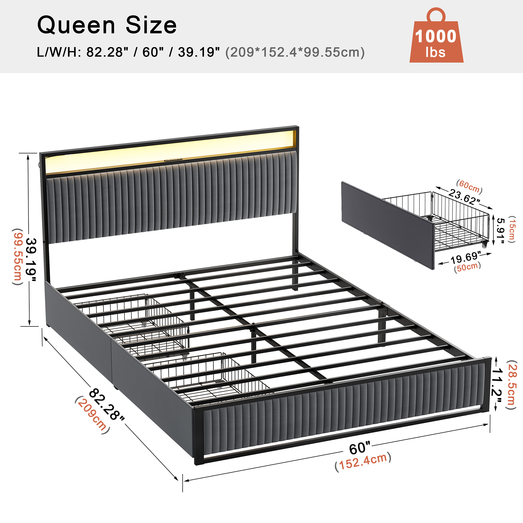 GUNAITO Queen Bed Frame with 2 Storage Drawers, Platform Bed with Headboard, Velvet Upholstered Bed Frame with LED Lights & Charging Station, Dark Grey