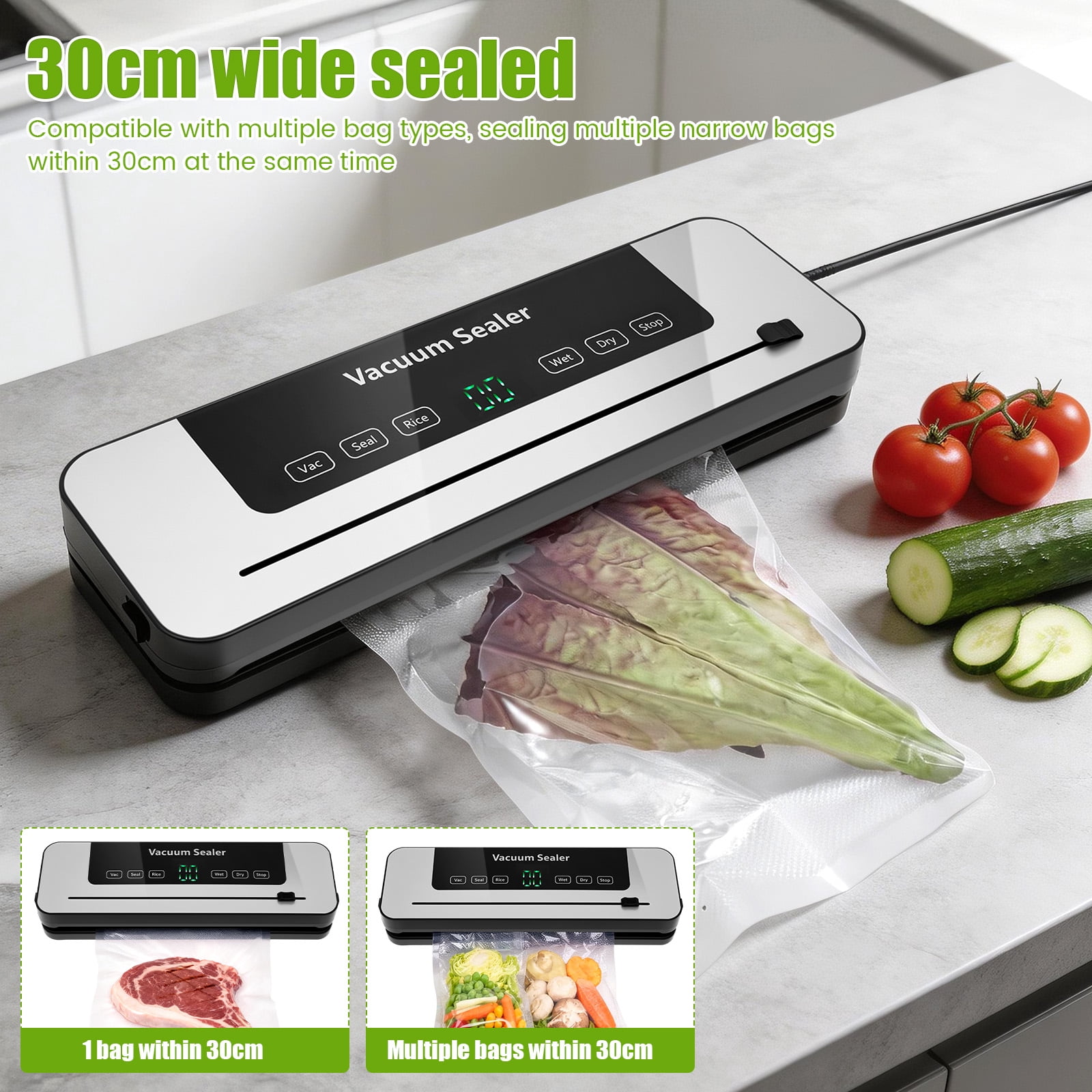 FYJUCPA Vacuum Sealer Machine, Compact Automatic Food Vacuum Sealer with LED Display & Built-in Cutter, 5 Modes for Wet/Dry Food Preservation