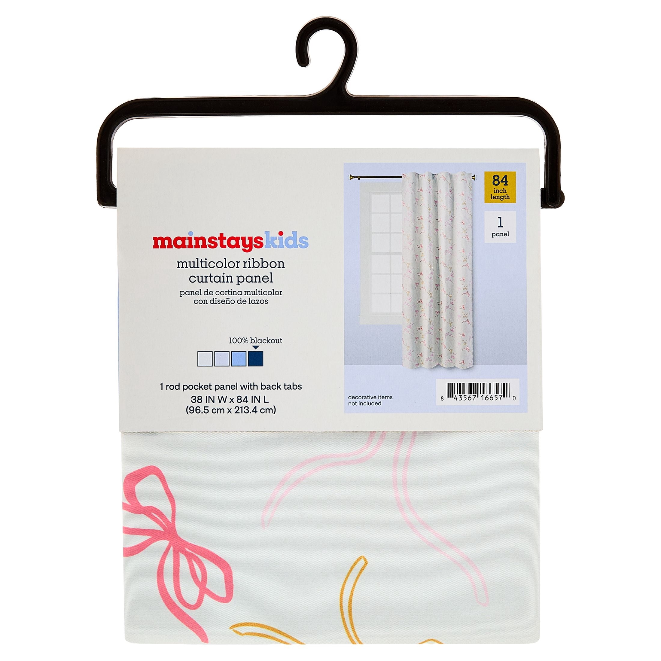 Mainstays Kids Pink and Yellow Ribbon Printed Blackout Rod Pocket with Back Tabs Single Curtain Panel, Set of 1, 38" W x 84" L