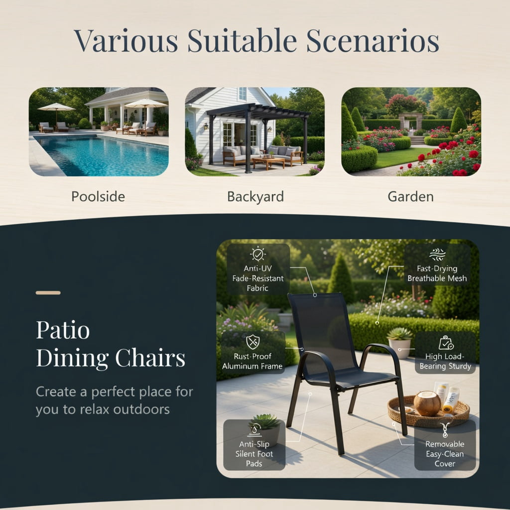 Hommoo 2-Pack Stackable Outdoor Dining Chairs with Armrests, Steel Frame, Breathable Fabric Seat, Easy Assembly Patio Chairs for Backyard or Deck, Grey