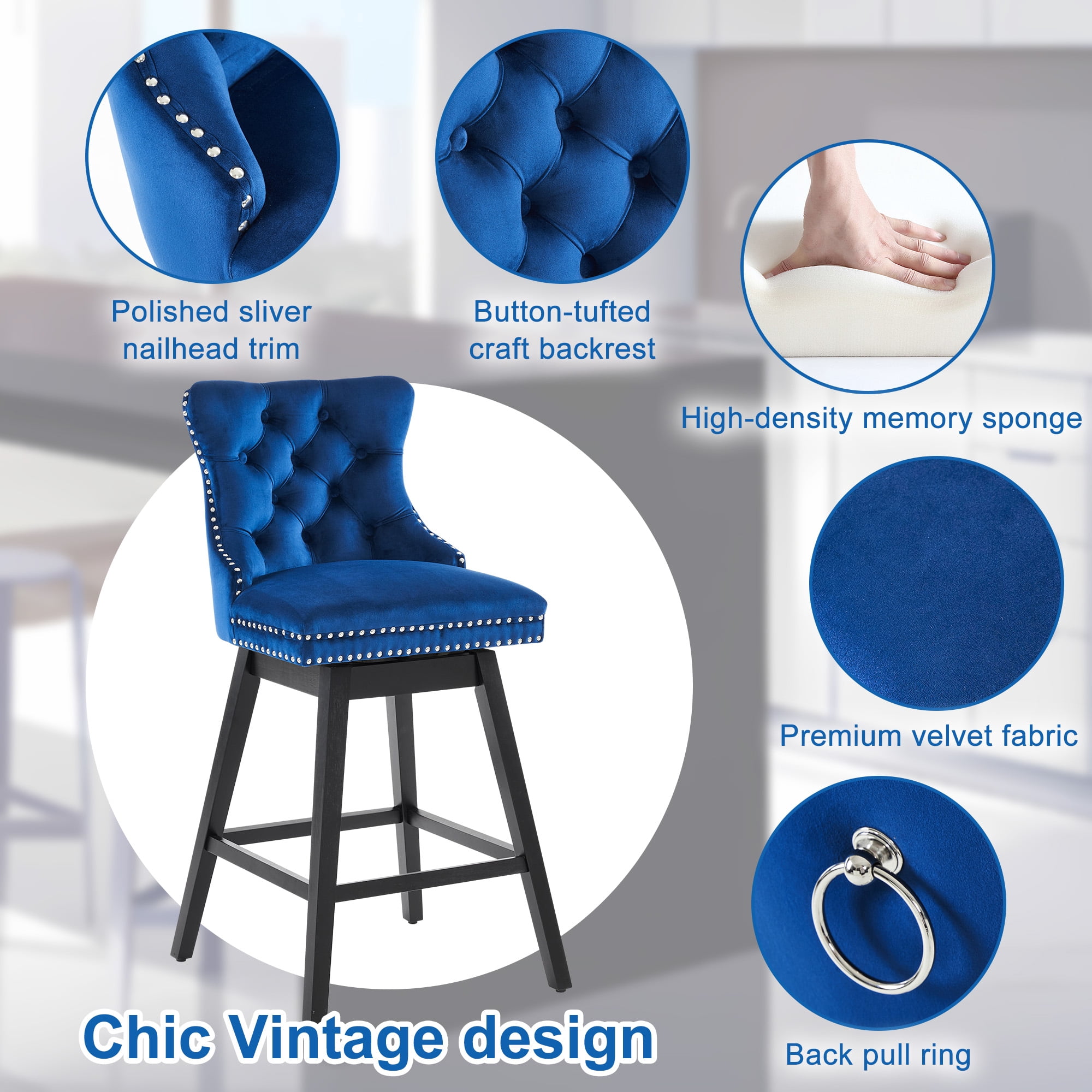 TEWLOSS 30" Swivel Bar Stools Set of 3, Blue Velvet Bar Height Chairs with Back for Home Pub
